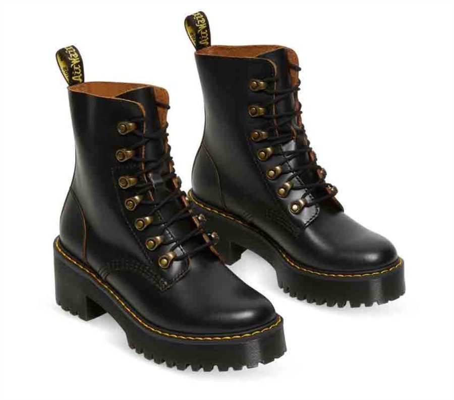 Svart Vintage Glatt Dr.martens Norge Leona Vintage Støvel Med Hæl